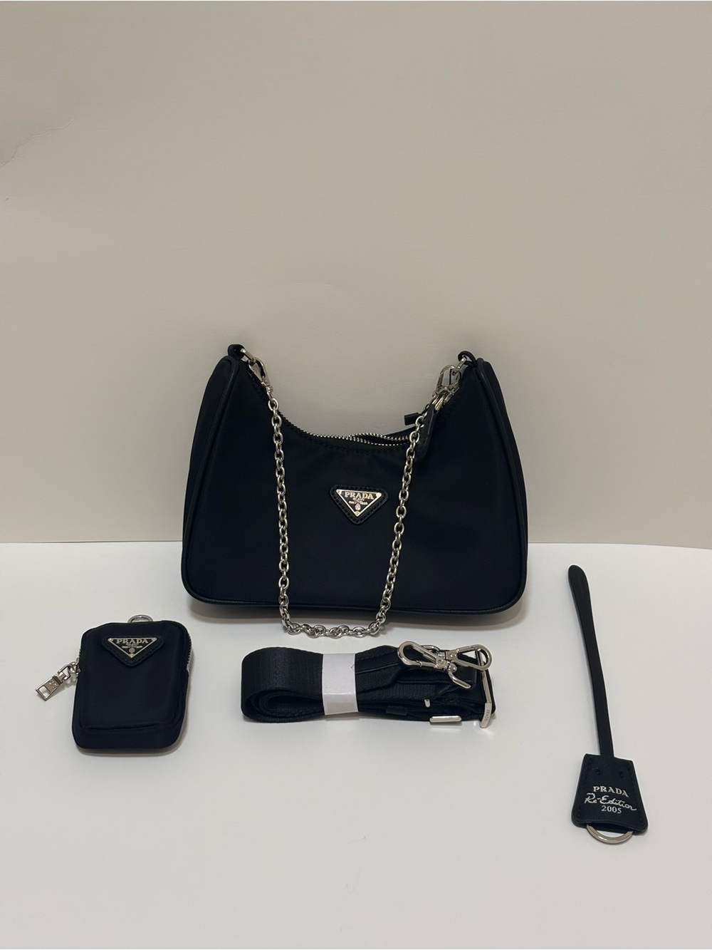 Prada Black Re-Nylon Mini Shoulder Bag with Silver Chain